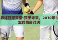 10年世界杯冠军竞猜-预见未来，2010年世界杯冠军的精彩对决