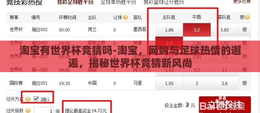 淘宝有世界杯竞猜吗-淘宝,网购与足球热情的邂逅,揭秘世界杯竞猜新风尚 淘宝有世界杯竞猜吗-淘宝,网购与足球热情的邂逅,揭秘世界杯竞猜新风尚